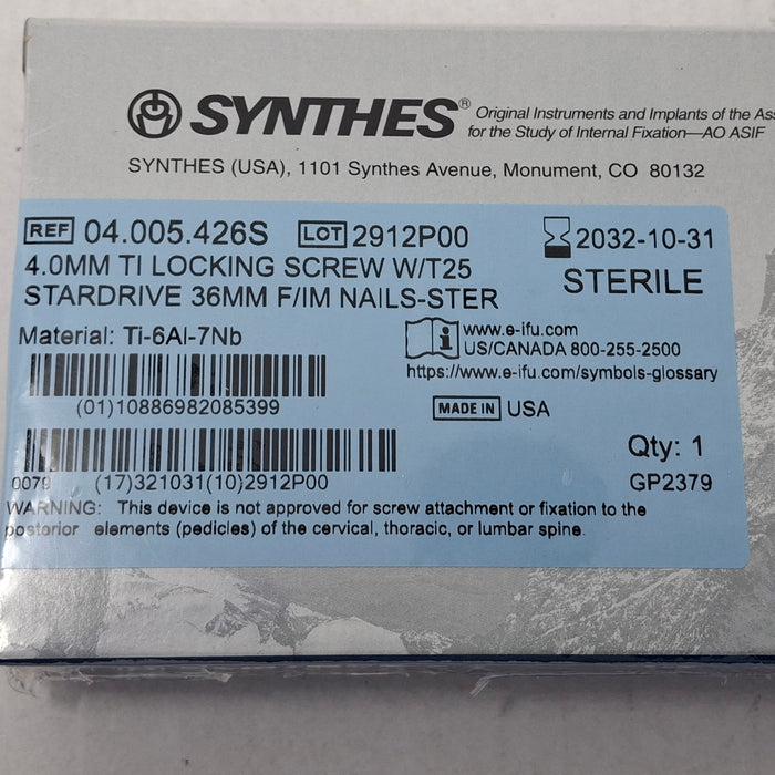 Synthes, Inc. 04.005.426S 4.0mm TI Locking Screw w/ T25 Stardrive 36mm F/IM Nail
