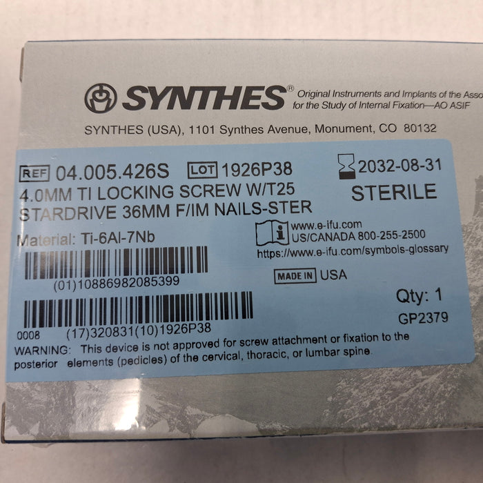 Synthes, Inc. 04.005.426S 4.0mm TI Locking Screw w/ T25 Stardrive 36mm F/IM Nail