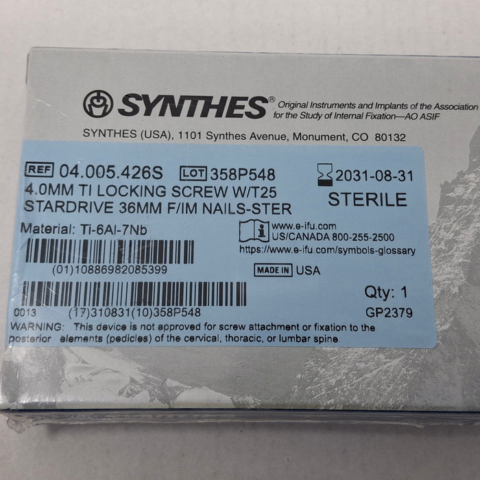 Synthes, Inc. 04.005.426S 4.0mm TI Locking Screw w/ T25 Stardrive 36mm F/IM Nail