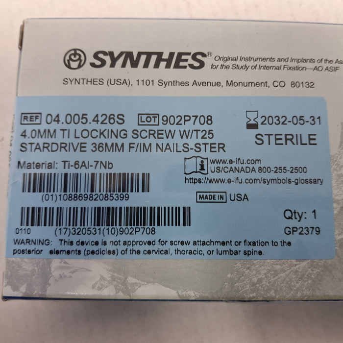 Synthes, Inc. 04.005.426S 4.0mm TI Locking Screw w/ T25 Stardrive 36mm F/IM Nail