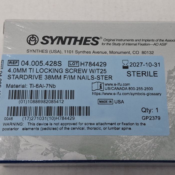 Synthes, Inc. 04.005.428S 4.0mm TI Locking Screw w/ T25 Stardrive 38mm F/IM Nail