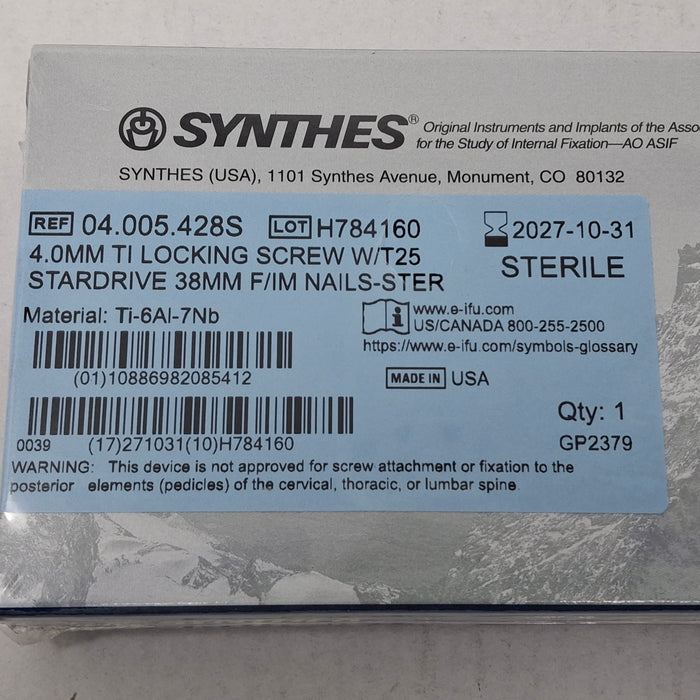 Synthes, Inc. 04.005.428S 4.0mm TI Locking Screw w/ T25 Stardrive 38mm F/IM Nail