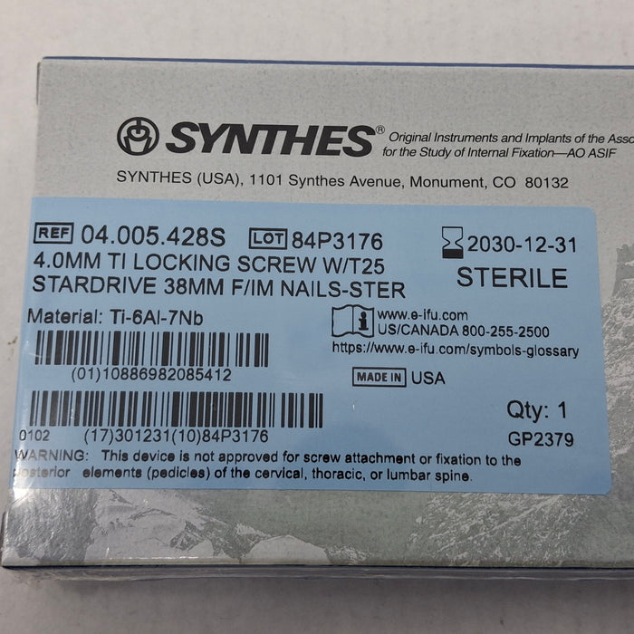 Synthes, Inc. 04.005.428S 4.0mm TI Locking Screw w/ T25 Stardrive 38mm F/IM Nail
