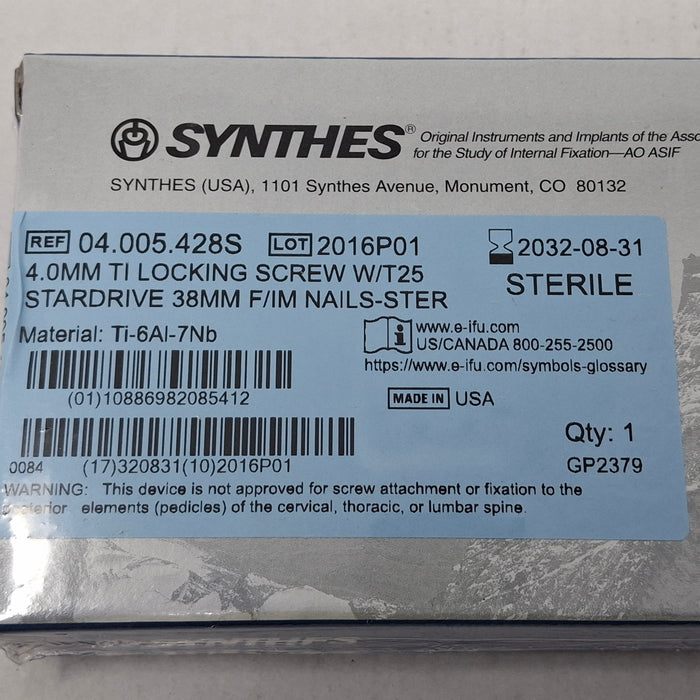 Synthes, Inc. 04.005.428S 4.0mm TI Locking Screw w/ T25 Stardrive 38mm F/IM Nail