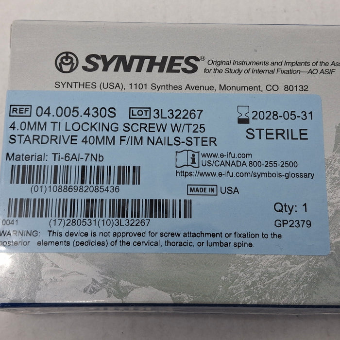 Synthes, Inc. 04.005.430S 4.0mm TI Locking Screw w/ T25 Stardrive 40mm F/IM Nail
