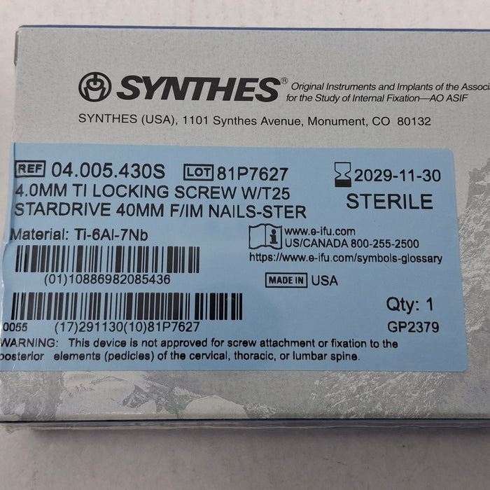 Synthes, Inc. 04.005.430S 4.0mm TI Locking Screw w/ T25 Stardrive 40mm F/IM Nail