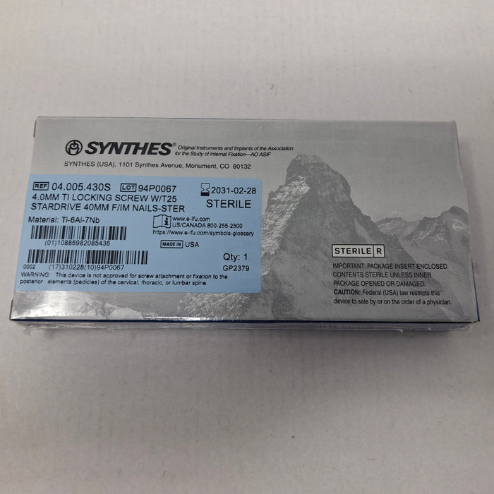 Synthes, Inc. 04.005.430S 4.0mm TI Locking Screw w/ T25 Stardrive 40mm F/IM Nail