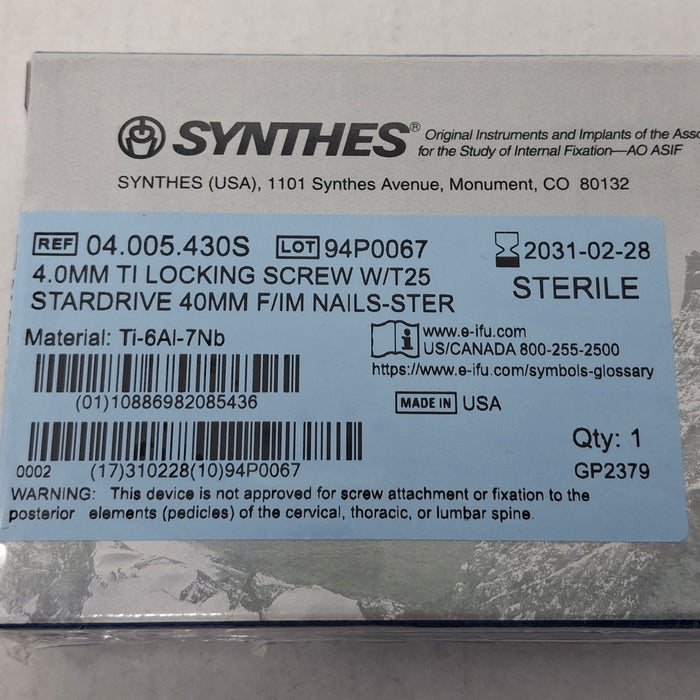 Synthes, Inc. 04.005.430S 4.0mm TI Locking Screw w/ T25 Stardrive 40mm F/IM Nail