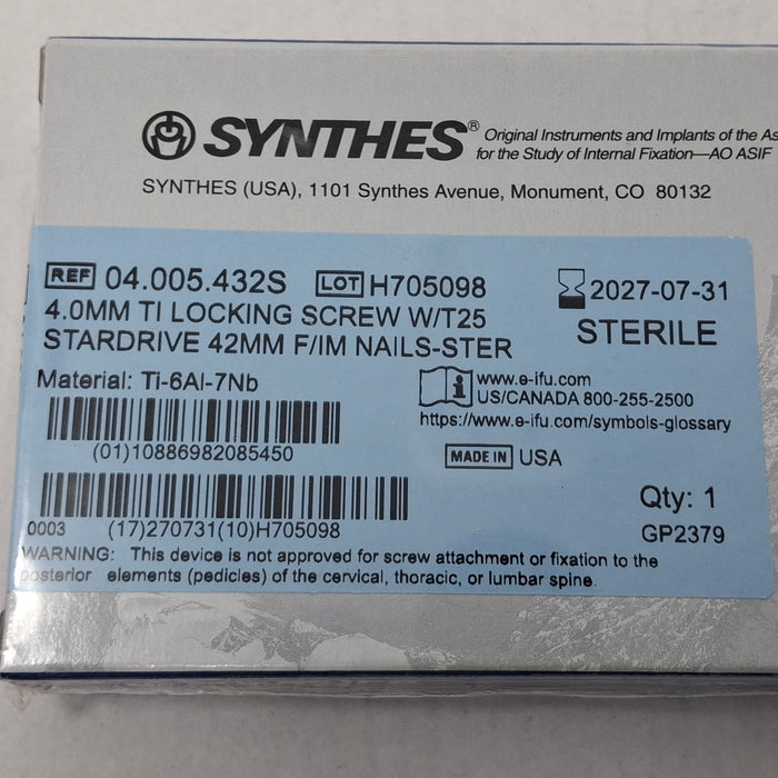 Synthes, Inc. 04.005.432S 4.0mm TI Locking Screw w/ T25 Stardrive 42mm F/IM Nail