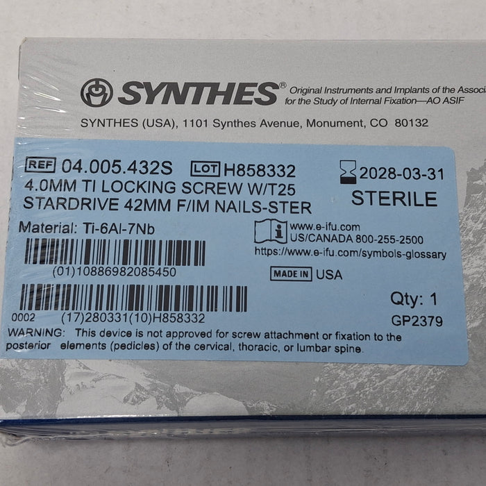 Synthes, Inc. 04.005.432S 4.0mm TI Locking Screw w/ T25 Stardrive 42mm F/IM Nail