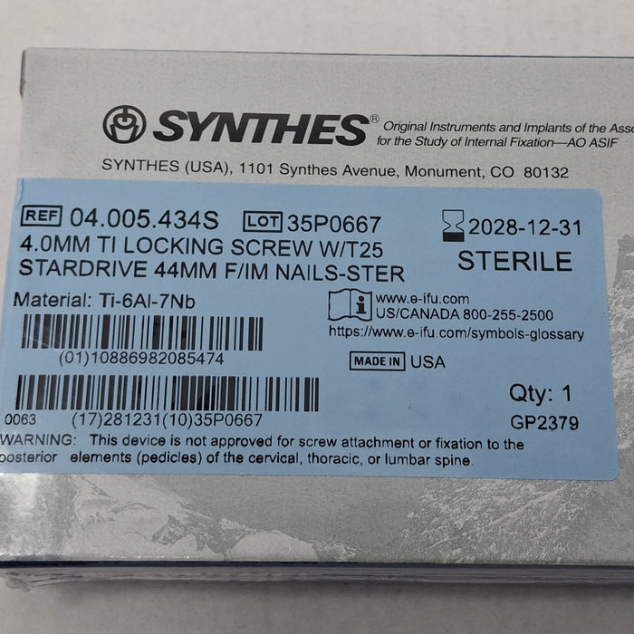 Synthes, Inc. 04.005.434S 4.0mm TI Locking Screw w/ T25 Stardrive 44mm F/IM Nail
