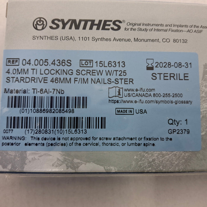 Synthes, Inc. 04.005.436S 4.0mm TI Locking Screw w/ T25 Stardrive 46mm F/IM Nail