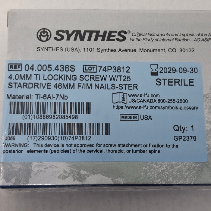 Synthes, Inc. 04.005.436S 4.0mm TI Locking Screw w/ T25 Stardrive 46mm F/IM Nail