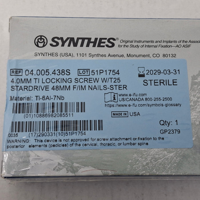 Synthes, Inc. 04.005.438S 4.0mm TI Locking Screw w/ T25 Stardrive 48mm F/IM Nail