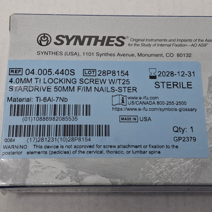Synthes, Inc. 04.005.440S 4.0mm TI Locking Screw w/ T25 Stardrive 50mm F/IM Nail
