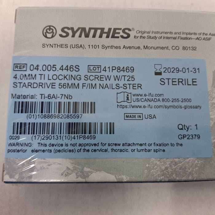 Synthes, Inc. 04.005.446S 4.0mm TI Locking Screw w/ T25 Stardrive 56mm F/IM Nail