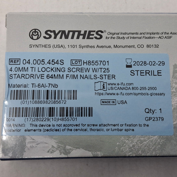 Synthes, Inc. 04.005.454S 4.0mm TI Locking Screw w/ T25 Stardrive 64mm F/IM Nail