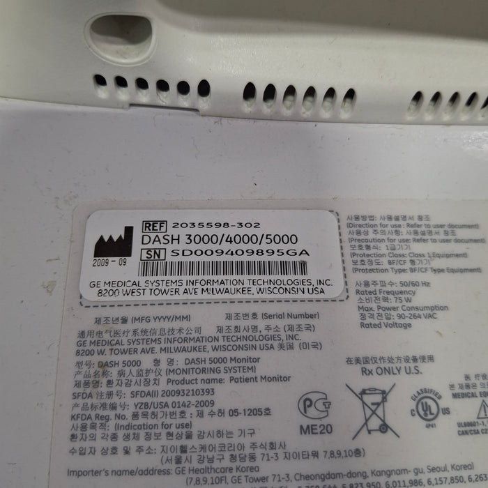 GE Healthcare Dash 5000 - Masimo SpO2 Patient Monitor