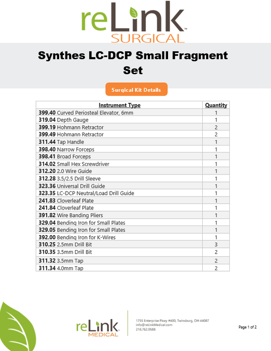 Synthes, Inc. LC-DCP Pelvic Instruments Small Fragment Set