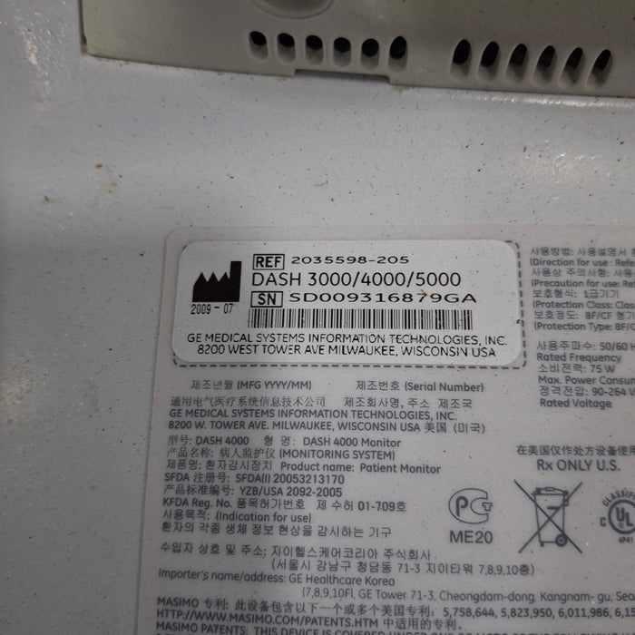 GE Healthcare Dash 4000 - Masimo SpO2 Patient Monitor