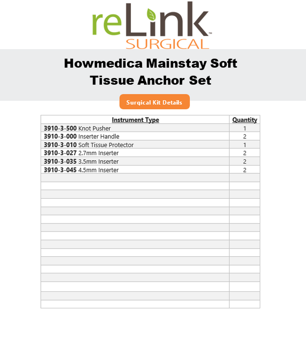 Howmedica Osteonics Corp. 3910-9-020 Mainstay Soft Tissue Anchor Set