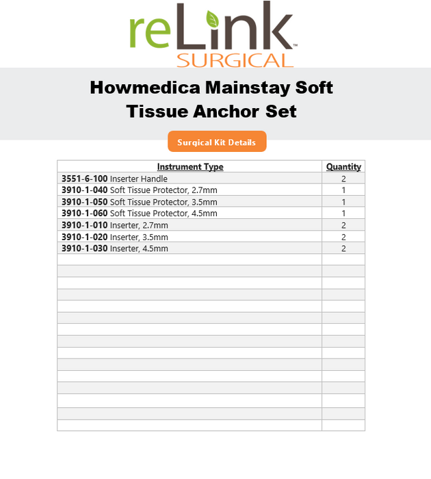Howmedica Osteonics Corp. 3910-9-010 Mainstay Soft Tissue Anchor Set