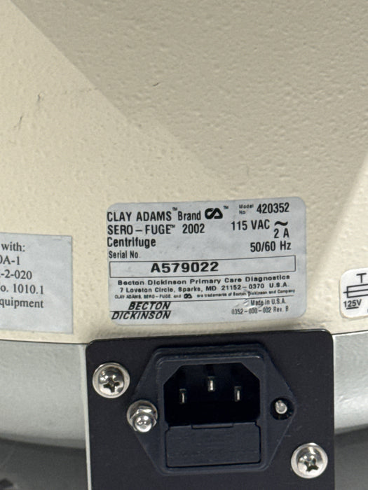 Clay Adams 420352 Sero-fuge 2002 2-Speed Centrifuge