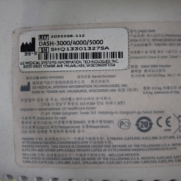 GE Healthcare Dash 3000 - GE/Nellcor SpO2 Patient Monitor