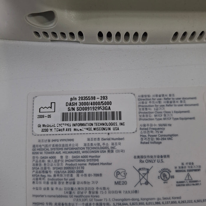 GE Healthcare Dash 4000 - GE/Nellcor SpO2 Patient Monitor