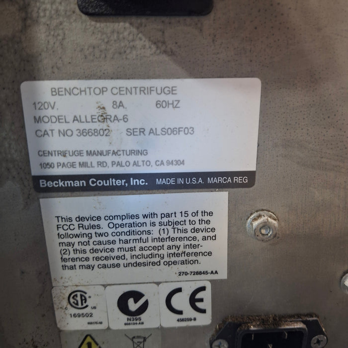Beckman Coulter Allegra 6R Refrigerated Benchtop Centrifuge