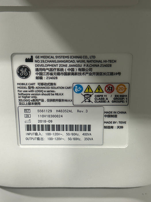 GE Healthcare Logiq e Advanced Isolation Mobile Docking Cart