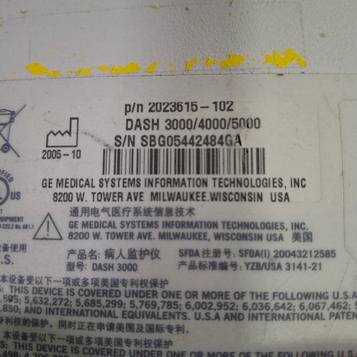 GE Healthcare Dash 3000 - Masimo SpO2 Patient Monitor