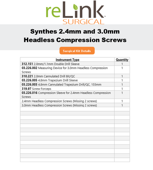 Synthes, Inc. 2.4mm and 3.0mm Headless Compression Screw Set