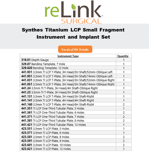 Synthes, Inc. Titanium LCP Small Fragment Instrument and Implant Set