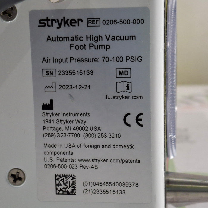 Stryker 206-500 Automatic High Vacuum Foot Pump