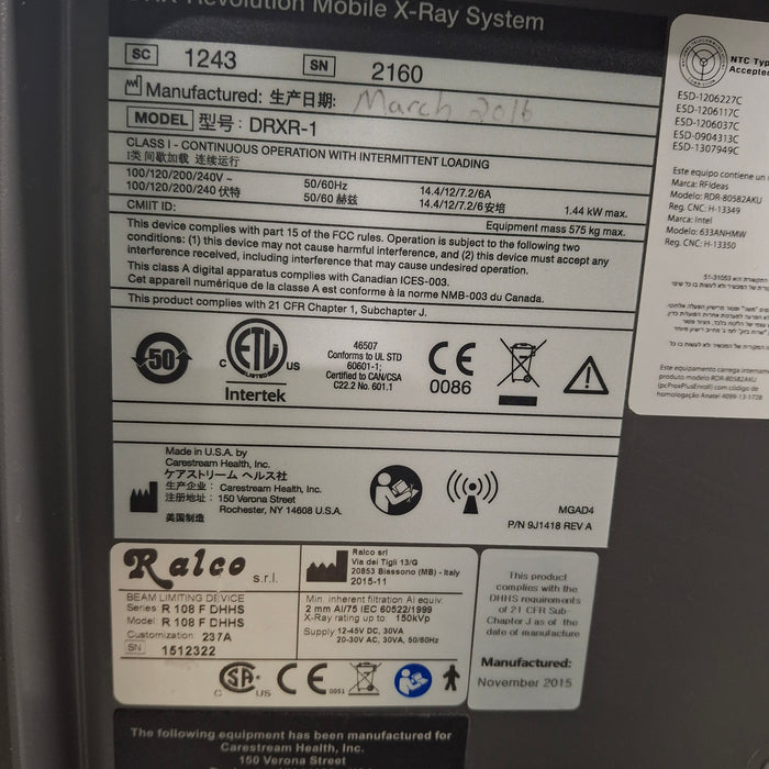 Carestream Health, Inc. DRX Revolution Model DRXR-1 Mobile X-Ray System