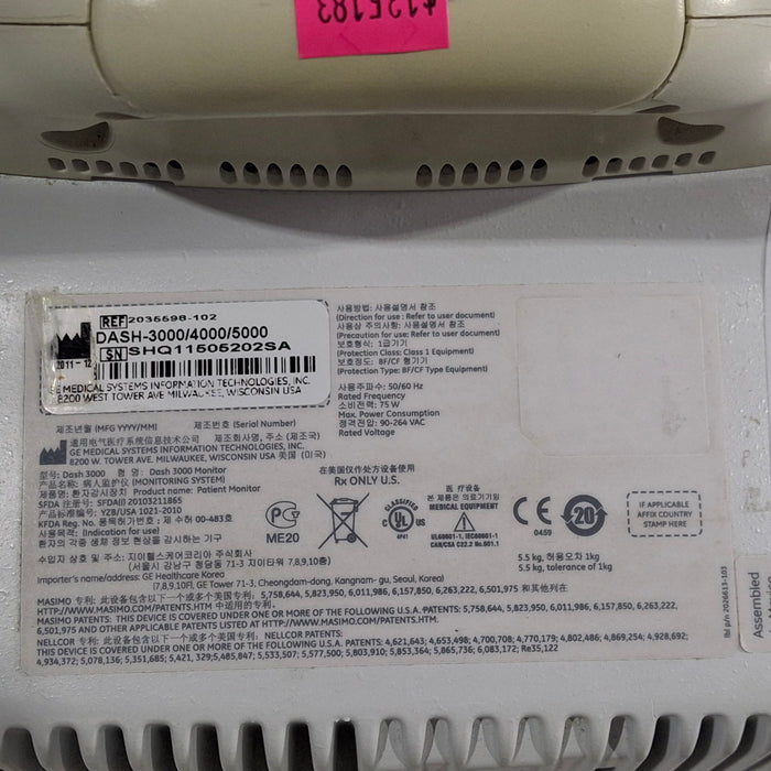 GE Healthcare Dash 3000 - Masimo SpO2 Patient Monitor