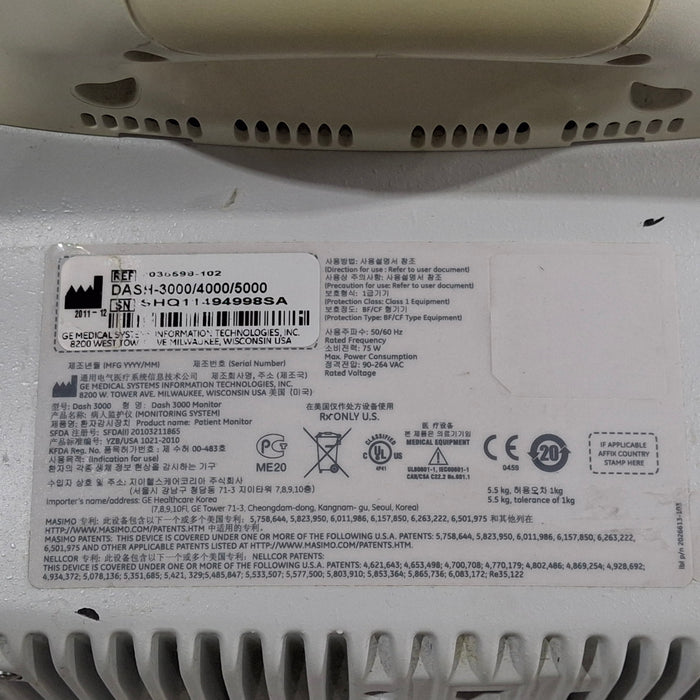 GE Healthcare Dash 3000 - Masimo SpO2 Patient Monitor