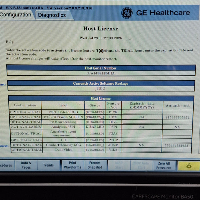 GE Healthcare Carescape B450 Critical Care Patient Monitor