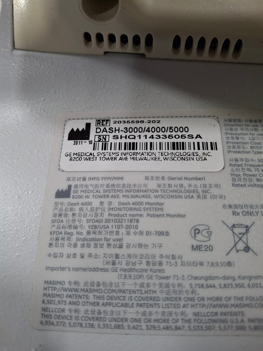 GE Healthcare Dash 4000 - Masimo SpO2 Patient Monitor