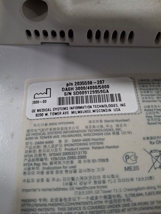 GE Healthcare Dash 4000 - Masimo SpO2 Patient Monitor