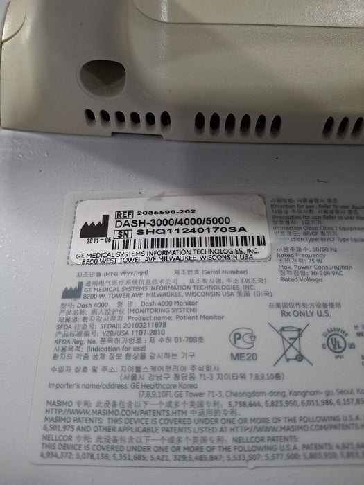 GE Healthcare Dash 4000 - Masimo SpO2 Patient Monitor