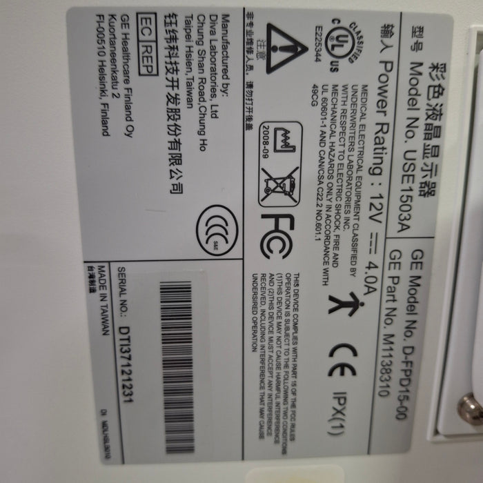 GE Healthcare DFPD1500 15" Monitor For Anesthesia Monitor