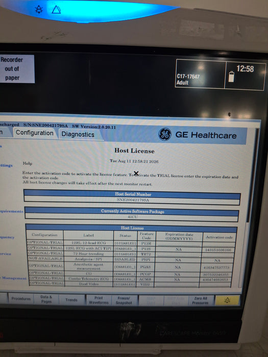 GE Healthcare Carescape B450 Critical Care Patient Monitor
