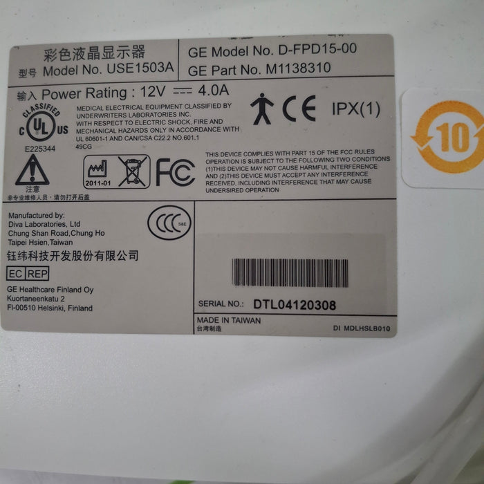 GE Healthcare DFPD1500 15" Monitor For Anesthesia Monitor