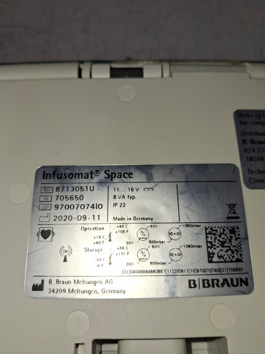 B. Braun Infusomat Space w/Pole Clamp & AC Adapter Infusion Pump
