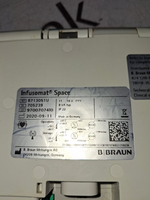 B. Braun Infusomat Space w/Pole Clamp & AC Adapter Infusion Pump
