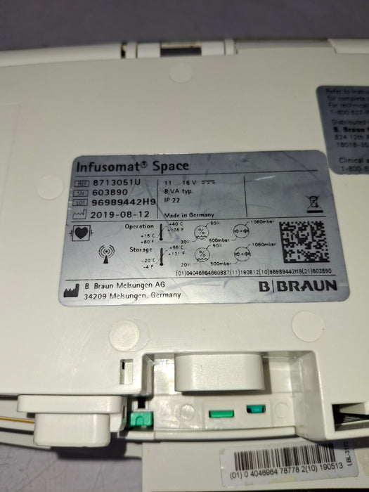 B. Braun Infusomat Space w/Pole Clamp & AC Adapter Infusion Pump