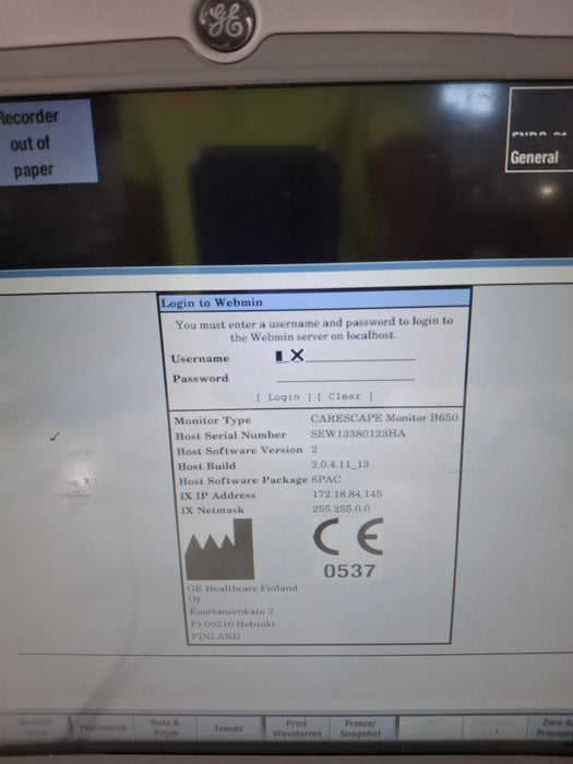 GE Healthcare Carescape B450 Post Anesthesia Care Patient Monitor