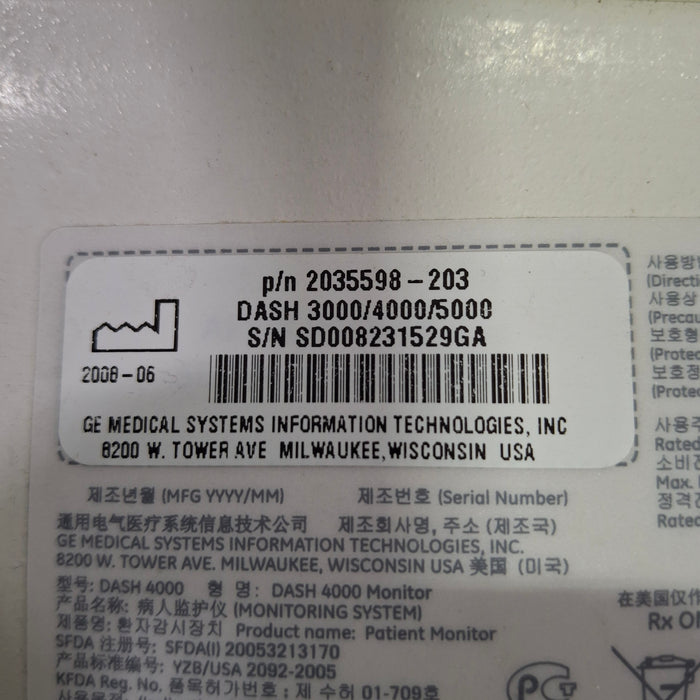 GE Healthcare Dash 4000 - GE/Nellcor SpO2 Patient Monitor